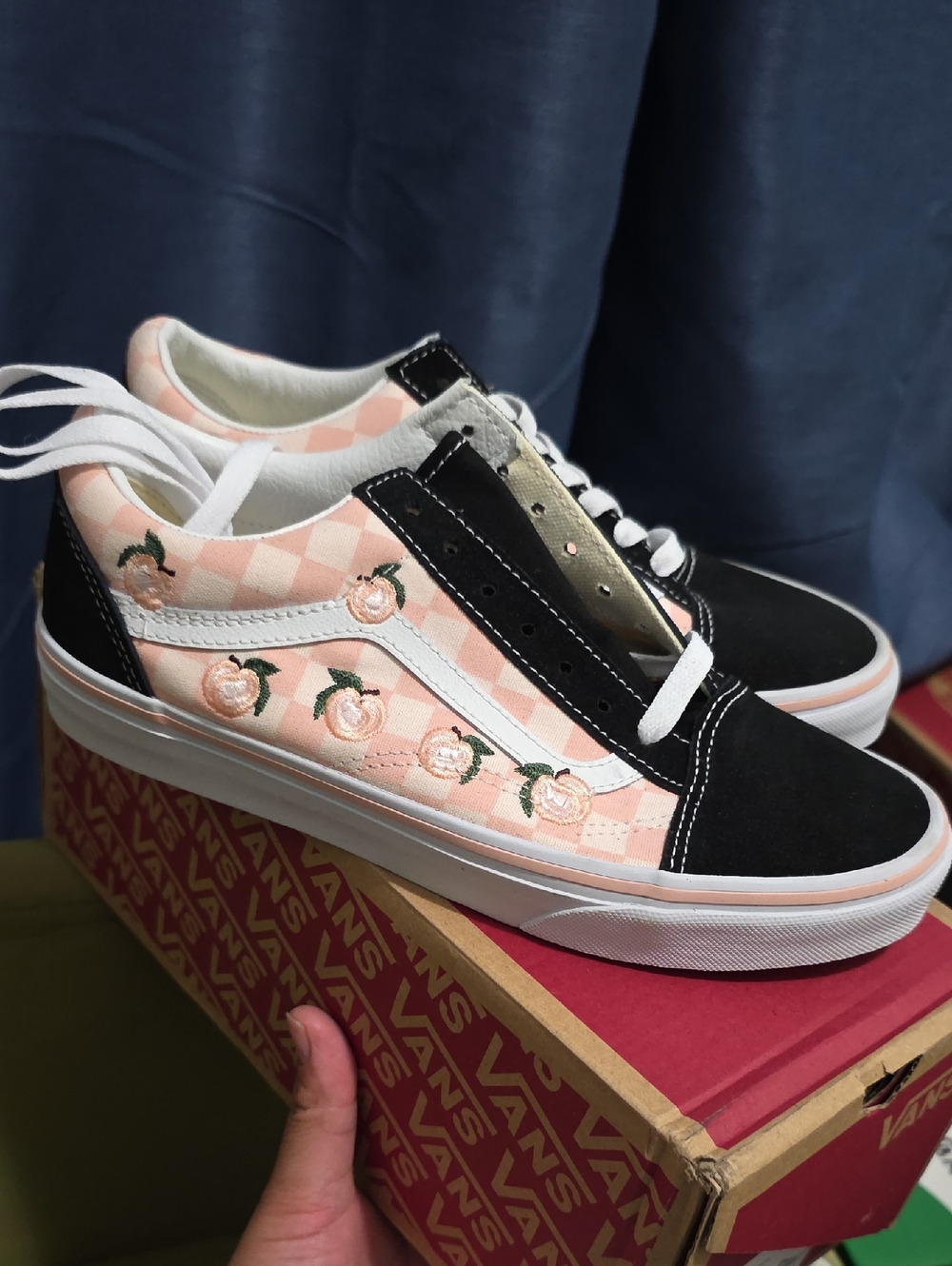 Vans Black, Pink and White Peach-Embroidered Old Skool Sneakers